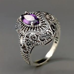 NEW Vintage Amethyst Silver Hollow Ring